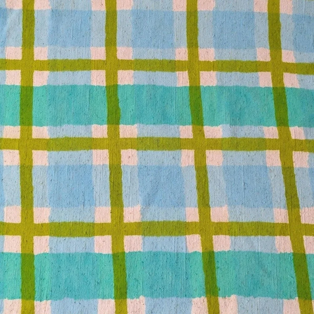 Vintage Schumacher Hand Print Plaid Fabric Blue Lime Green 1.25 Yards 56